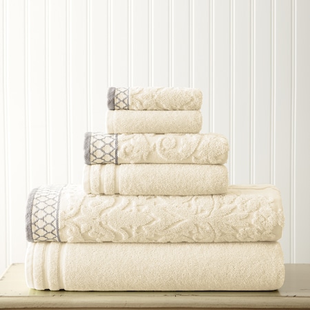Damask Jacquard Towels With Embellished Border 6 Piece Set Ivory